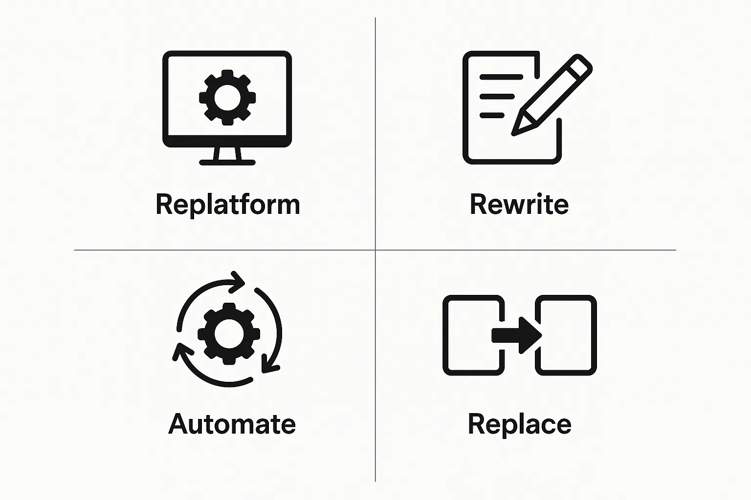 The 4 migration strategies (Replatform, Rewrite, Automate, Replace)